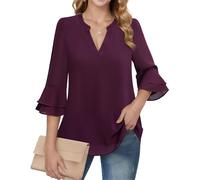 CASURESS Women's Tops Dressy Casual V Neck 3 4 Tiered Bell Sleeve Blouses Double Layered Chiffon Work Tunic Shirts, Deep Purple, L