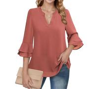CASURESS Women's Tops Dressy Casual V Neck 3 4 Tiered Bell Sleeve Blouses Double Layered Chiffon Work Tunic Shirts, Coral Pink, XL