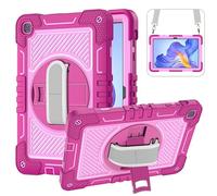 CasurvivePro Rugged Shockproof Tablet Case Compatible with Honor Pad X8 10.1 inch 360° Rotatable Kickstand, Hand Strap Shoulder Strap & Pencil Holder, Protective Cover for Kids/Adults Rose Red + Pink