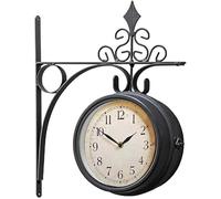CASVO Dual faced Station Clock Round Wall Hanging Double Sided Garden Clock, Wall-Mounted Retro, Outdoor Clocks Vintage Metal Numeral Garden Number Clock (BLACK)
