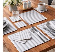 CASVO Pack of 8 Grey & White Stripe Placemats & Coasters Set Cork Back Table Mats, Heat Resistant Non-Slip Dining Table Place Mat for Kitchen, Home & Restaurant Decor