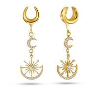 Casvort 2 PCS Hypoallergenic 316 Surgical Stainless Steel Gold Elegant Moon Star Tunnels Saddle Hangers Plugs 9/16 Daily Ear Gauges Earrings for Stretching Women Christmas Piercing Body Jewelry