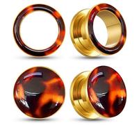 Casvort 4 PCS Hypoallergenic 316 Surgical Stainless Steel Versatile Tortoiseshell Ear Tunnels 0g Gauges for Ears 8mm Screw Thread Ear Plugs Gold Christams Body Jewelry for Women