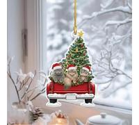 Cat 2D Flat Christmas Ornament, 3 Cat in Red Pickup Truck Pine Tree Decor, Hanging House Charm Eve Keepsake, Car Rear View Mirror Accessories, Xmas Cats Lover Keepsake Gift