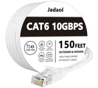Cat 6 Ethernet Cable 150 ft Flat White, Slim Long Internet Network Lan patch cords, Solid Cat6 High Speed Computer wire with clips & Rj45 Connectors for Router, modem, faster than Cat5e/Cat5, 150 feet