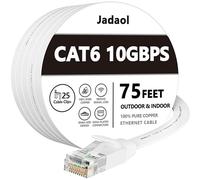 Cat 6 Ethernet Cable 75 ft Flat with Clips, Durable Long Internet Network LAN Patch Cords, Solid Cat6 High Speed Computer wire with RJ45 Connectors for Router, Modem, PS, Faster Than CAT5E/Cat5, White