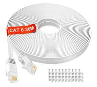 Cat 6 Internet Cable 30m, Long Ethernet Cable 30m High Speed 250MHz 1000Mbps, Pure Copper Core Flat Gigabit RJ45 Network LAN Cable, Outdoor & Indoor Broadband Patch Cord for Router Modem (30 Clips)