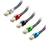 Cat 8 Ethernet Cable 1.5 ft 5 Pack Multi Color, Nylon Braided High Speed Heavy Duty Network LAN Patch Cord, 40Gbps 2000Mhz RJ45 Flat Internet Cable Shielded in Wall, Indoor&Outdoor for Modem/Router/PC