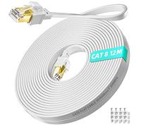 Cat 8 Ethernet Cable 12m Flat Long LAN Internet Cable 12 Meter High Speed 40Gbps 2000MHz Network Cable Gigabit RJ45 Indoor, White Patch Cord with 12 clips for Xbox WiFi Router TV Modem Switch