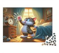 Cat Alarm Clock 1000 Pieces Jigsaw Puzzles for Adults & Children, Recycled Cardboard, Non-Reflective, Cat Waking Up, Stress Relief Fun, Great Gift Idea for Home Decor 52x38cm/1000pcs