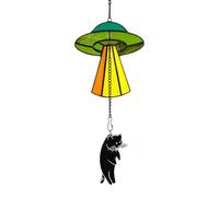 Cat Alien Decor Stained Glass Suncatcher 11.42 Inch UFO Hanging with Cat Abduction Scene Window Decor Alien Decor for Home and Party Gift