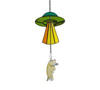 Cat Alien Decor Stained Glass Suncatcher 11.42 Inch UFO Hanging with Cat Abduction Scene Window Decor Alien Decor for Home and Party Gift