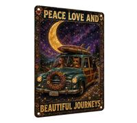 Cat Aluminum Metal Sign, Boho Wall Decor, “Peace Love and Beautiful Journeys” Wall Art for Van, Camper, Travel, Hippie Style, Road Trip Art 12x16Inch