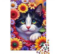 Cat Amid Flowers_1 1000 Piece Cardboard Cute Cat with Flower Crown Puzzle for Teens Easy to Grip Stress Reliever Birthday Present Eco-friendly Smooth Finish 70x50cm/1000pcs