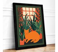 Cat Among Potted Plants Boho Framed Wall Art Print A1 Black