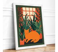 Cat Among Potted Plants Boho Framed Wall Art Print A2 White Frame