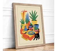 Cat Among Potted Plants Geometric Framed Wall Art Print A1 (84.1×59.4cm) Oak, Wall Decor for Living Room, Bedroom, Office & Home, Ready to Hang, Art Gift