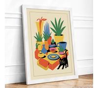Cat Among Potted Plants Geometric Framed Wall Art Print A4 (29.7×21cm) White, Wall Decor for Living Room, Bedroom, Office & Home, Ready to Hang, Art Gift