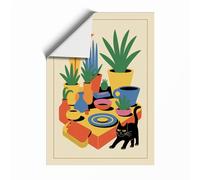 Cat Among Potted Plants Geometric Unframed Wall Art Print A3 (42×29.7cm), Wall Decor for Living Room, Bedroom, Office & Home, Art Gift