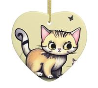 Cat and Butterfly Christmas Decoration Pendant, Christmas Tree Heart Shaped Ceramic Pendant, Christmas New Year Holiday Party