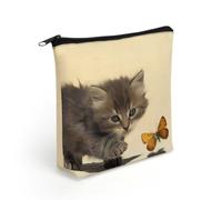 Cat and Butterfly Linen Cosmetic Pouch with Secure Zipper, Lightweight Washable Multi Purpose Toiletry Storage Bag, Portable Makeup Carry Sack for Holiday Trip Daily Organiser