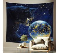 Cat and Celestial Globe Tapestry, Cosmic Night Sky Wall Hanging, Mystical Decorative Aesthetic for Bedroom, Living Room, College Dorm 60x40 Inch
