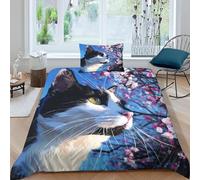 Cat and Cherry Blossoms Emperor Size Duvet Cover Sets Pets Bedding Set 3D Print Soft Microfiber Quilt Covers 290x235 cm with Zipper Closure and 2 Pillowcases 50x75 cm for Adults L.4143