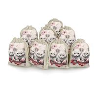Cat And Cherry Bunches Pocket Cotton And Hemp with Drawstring 8 Pieces Reusable Gift Bags Jewelry Pouch for Wedding DIY Craft Party (4.9 X 6.7 Inch)