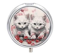 Cat and Cherry Pill Box - 3 Compartment Travel Pill Organizer with Small Mirror, Portable Pillcase for Pocket & Purse, Cute Round Medicine Case, Weekly Medicine Container