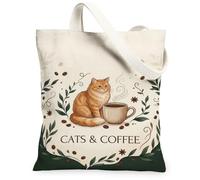 Cat and Coffee Lover Quote Fanciful Canvas Tote Bag 13x15 Inch | Botanical leaf frame, Steaming coffee mug, Cozy cafe aesthetic, Warm morning atmosphere, Animal lover gift