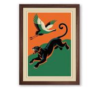 Cat and Crane Ascending Art Deco Framed Wall Art Print A3 (42×29.7cm) Walnut, Wall Decor for Living Room, Bedroom, Office & Home, Ready to Hang, Art Gift