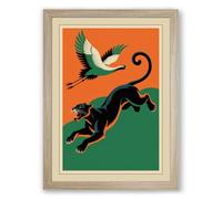 Cat and Crane Ascending Art Deco Framed Wall Art Print A4 (29.7×21cm) Oak, Wall Decor for Living Room, Bedroom, Office & Home, Ready to Hang, Art Gift