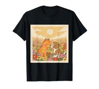 Cat and Dog Best Friends Spring Flower Field Friendship Art T-Shirt
