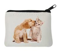 Cat and Dog Cute Kiss Neoprene Coin Purse Pouch 12x9cm White