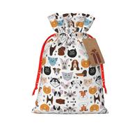 Cat And Dog Faces Bulldog Beagle Labrador Print Christmas Burlap Gift Bag With Drawstring, Present Small Favor Pouch For Birthday Parties-S Size