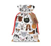 Cat And Dog Faces Bulldog Beagle Labrador Print Drawstring Gift Seasonal Bags Celebrations Eco-Conscious Holiday Present Packaging
