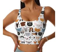 Cat and Dog Faces Bulldog Beagle Labrador Print Women's Sports Vest, Casual Summer Athletic Top, U-Back Design, Good for Fitness Black