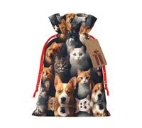 Cat And Dog Faces Print Christmas Burlap Gift Bag With Drawstring, Present Small Favor Pouch For Birthday Parties-S Size