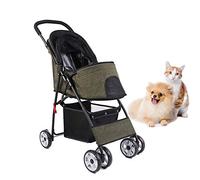 Cat and Dog Pet Stroller 4-Wheel Cart Folding Collapsible Frosted Paint Front Wheel Shock Absorption (Green)