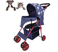 Cat and Dog Pet Stroller Folding Four Wheel + Safety Buckle + Integrated Round Tube + High Density EVA Wheel Bold Style Luxury Unique (Blue)