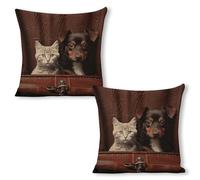 Cat And Dog Sitting in Leather Pocket Throw Pillow Covers - 18"x18"（2pcs） Square Cotton Linen Pillwcase, Soft Double Sided Rustic Farmhouse Cushion Covers with Hidden Zipper for Sofa Bed Living Room D
