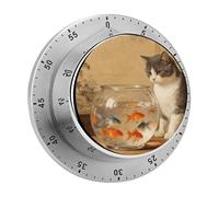 Cat and Fish Bowl Kitchen Timer 60 Minute Visual Wind Up Timers Indoor Mechanical Timers with Magnetic Base Stainless Steel Timer for Home Cooking Time Management Tool