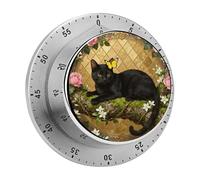Cat and Flower Kitchen Timer 60 Minute Visual Wind Up Timers Indoor Mechanical Timers with Magnetic Base Stainless Steel Timer for Home Cooking Time Management Tool