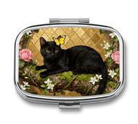 Cat and Flower Pill Box 2 Compartments Portable Travel Pill Case Mini Medicine Organizer for Pocket Purse Metal Waterproof Medicine Container Holder Vitamin Fish Oil