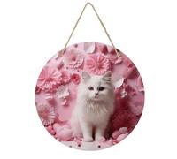 Cat And Heart Welcome Sign for Front Door 7.9 Wooden Flower Door Hanger, Rustic Round Large Wood Plaque Wall Hanging Decor for Front Porch Outdoor Farmhouse Home Decorations