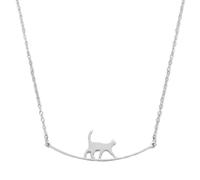 Cat and Her Dainty Cat Necklace for Women - Silver-Tone Minimalist Walking Cat Smile Bar Pendant, Cute Aesthetic Animal Lover Jewelry Gift for Teen Girls