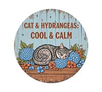 Cat And Hydrangeas Cool Calm Round Tin Sign Vintage Style Metal Sign Home Bar Garden Wall Plaque Decor Metal Poster 8x8 Inch
