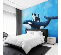 Cat and Killer Whale Photo Wallpaper, Kids Cute Whale Kitten Wallpaper Mural, 500x350cm Wall Paper for Bedroom Living Room, Non-Woven Wall Mural Room Decor EL&D72