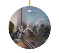 Cat and Reflection Tiger animal Patterned round hanging ornament, ceramic pendant, suitable for hanging on Christmas trees and fireplaces.