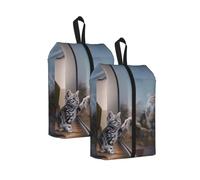 Cat and Reflection Tiger Animal Print Waterproof Shoe Bag Travel Bag with Carry Strap Storage Bag Versatile Cosmetic Bag-2pcs